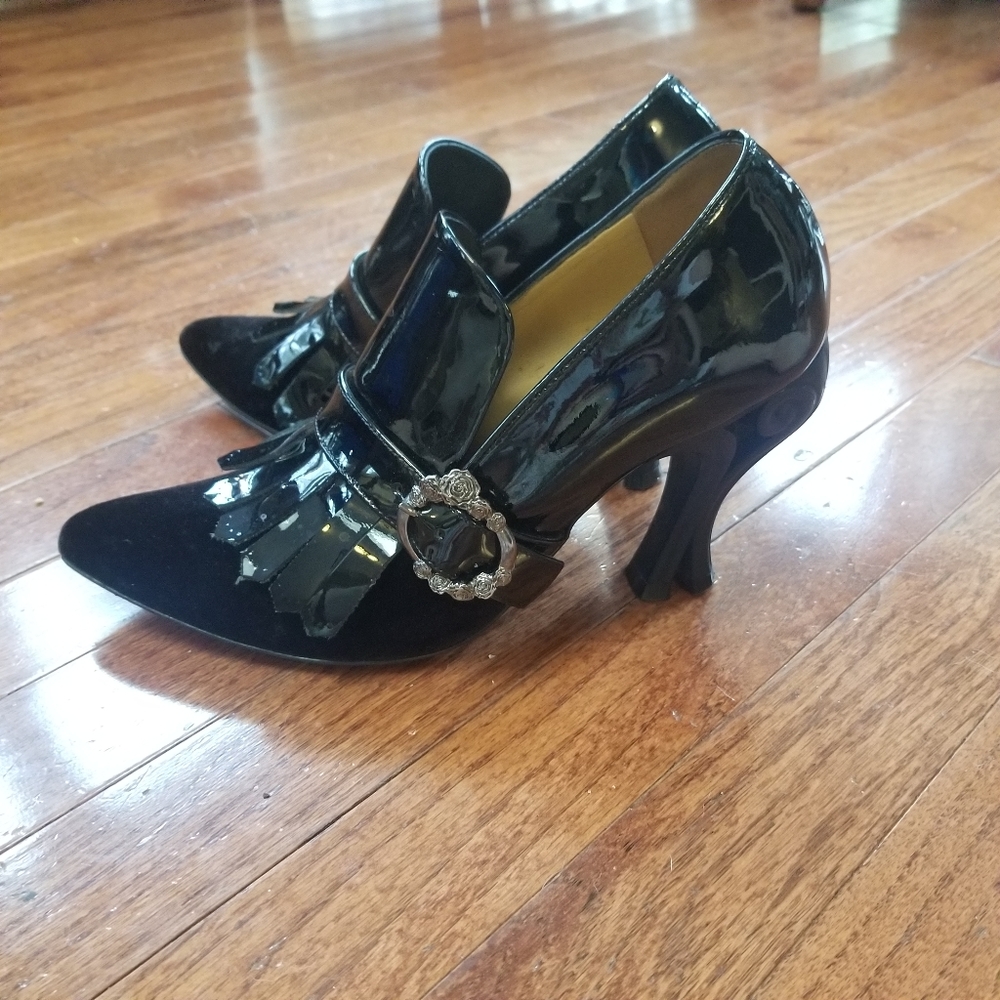 Fluevog Cassiopeia patent leather velvet heels